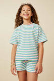 GY7350 Pink Mix Girls Multi Stripe Waffle Knit Drop Shoulder T Shirt Front