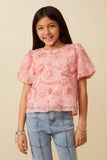 Girls Floral Textured Puff Sleeve Organza Top Front
