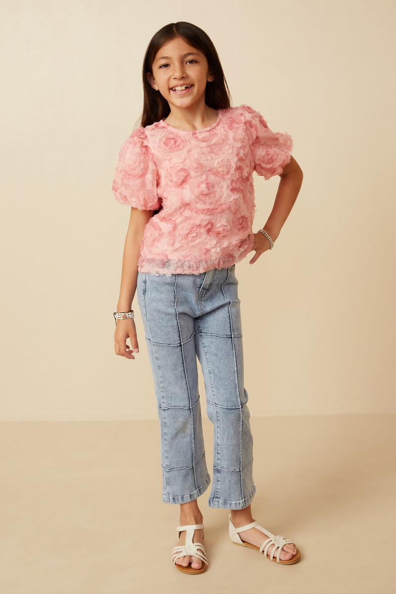 Girls Floral Textured Puff Sleeve Organza Top Full Body