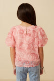 Girls Floral Textured Puff Sleeve Organza Top Back