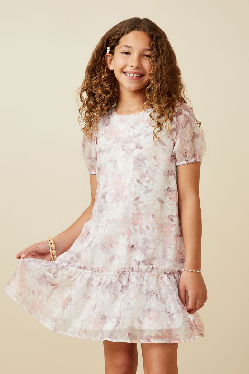 GY7360 Pink Girls Soft Organza Floral Ruffle Detail Dress Front