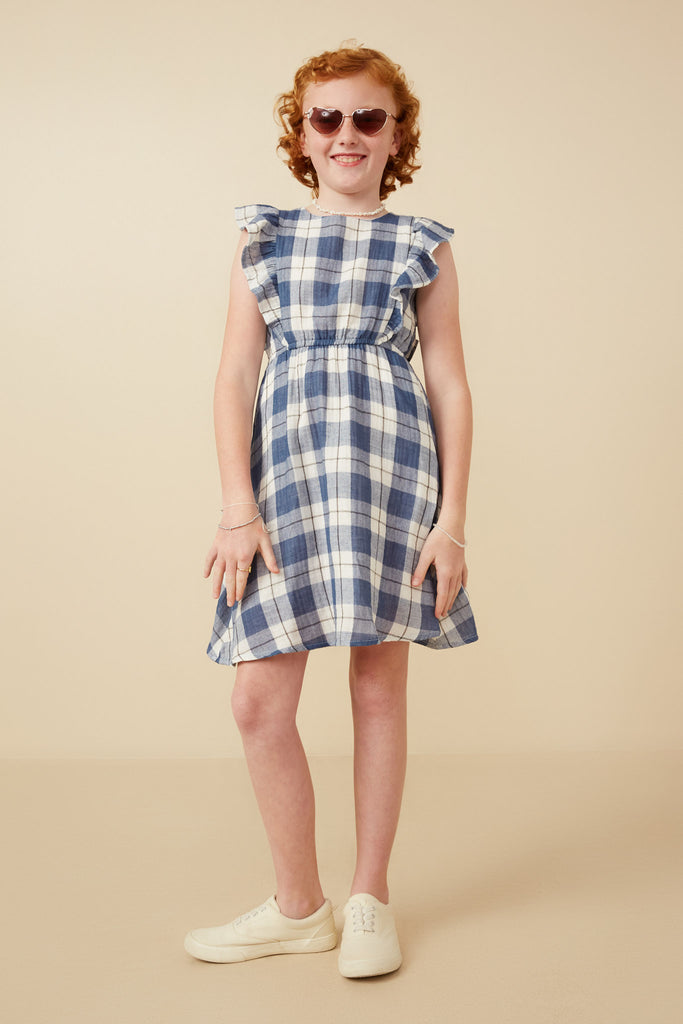 GY7393 Blue Girls Gauze Textured Flannel Print Ruffled Dress Full Body