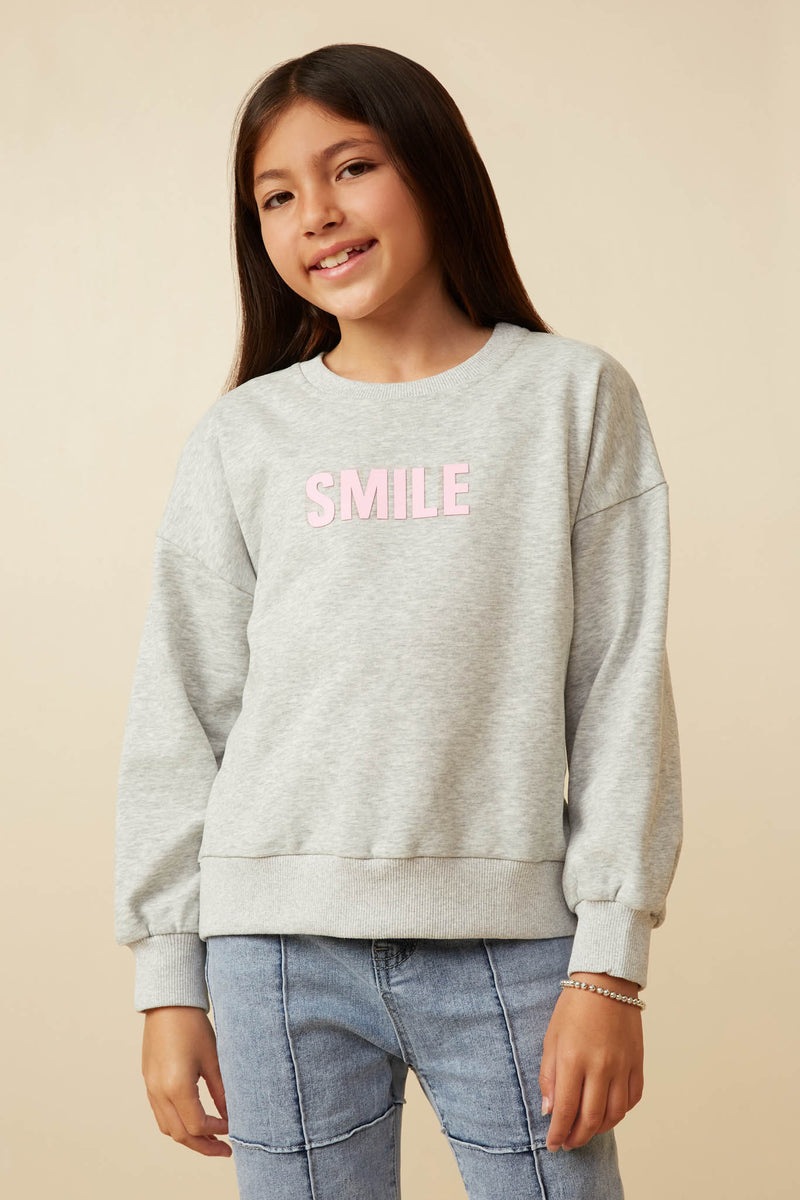 GY7429 Heather Grey Girls Smile Text Cropped French Terry Top Front