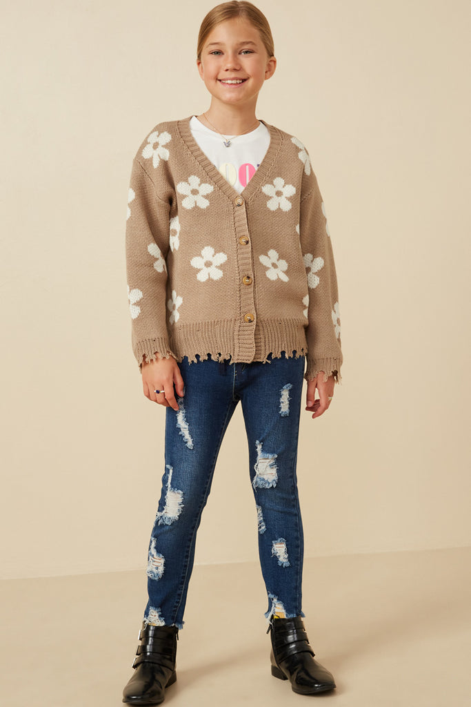 GY7434 Taupe Girls Distressed Floral Patterned Cardigan Full Body