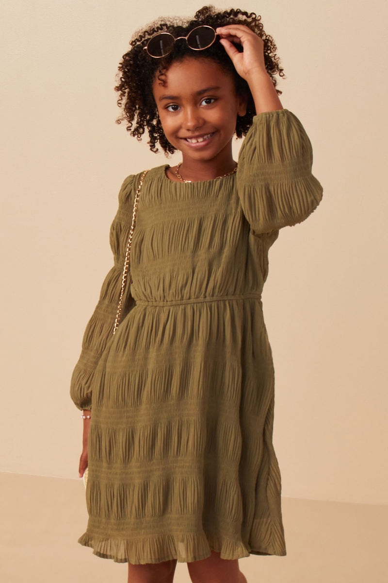 Girls Mixed Pleated Peasant Sleeve Dress Pose