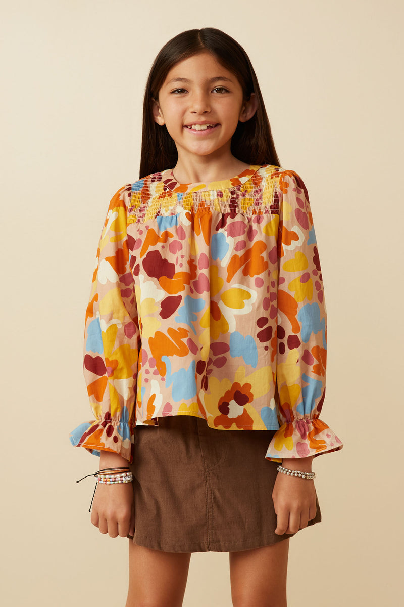 GY7474 Brown Girls Abstract Floral Smocked Yoke Top Front