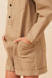 Girls Button Up Cargo Pocket Long Sleeve Romper Detail