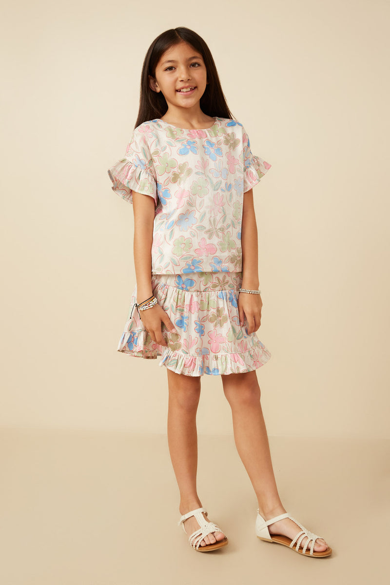 GY7588 Ivory Girls Floral Ruffle Sleeve Foiled Top Full Body