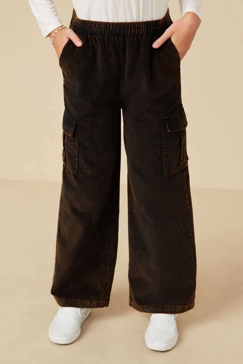 GY7600 Black Girls Washed Corduroy Wide Leg Cargo Pants Front