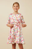 GY7627 Ivory Girls Satin Floral Long Sleeve Belted Flare Skirt Dress Front