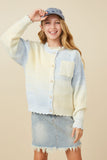 GY7648 Blue Girls Ombre Scallop Finish Statement Button Sweater Cardigan Front