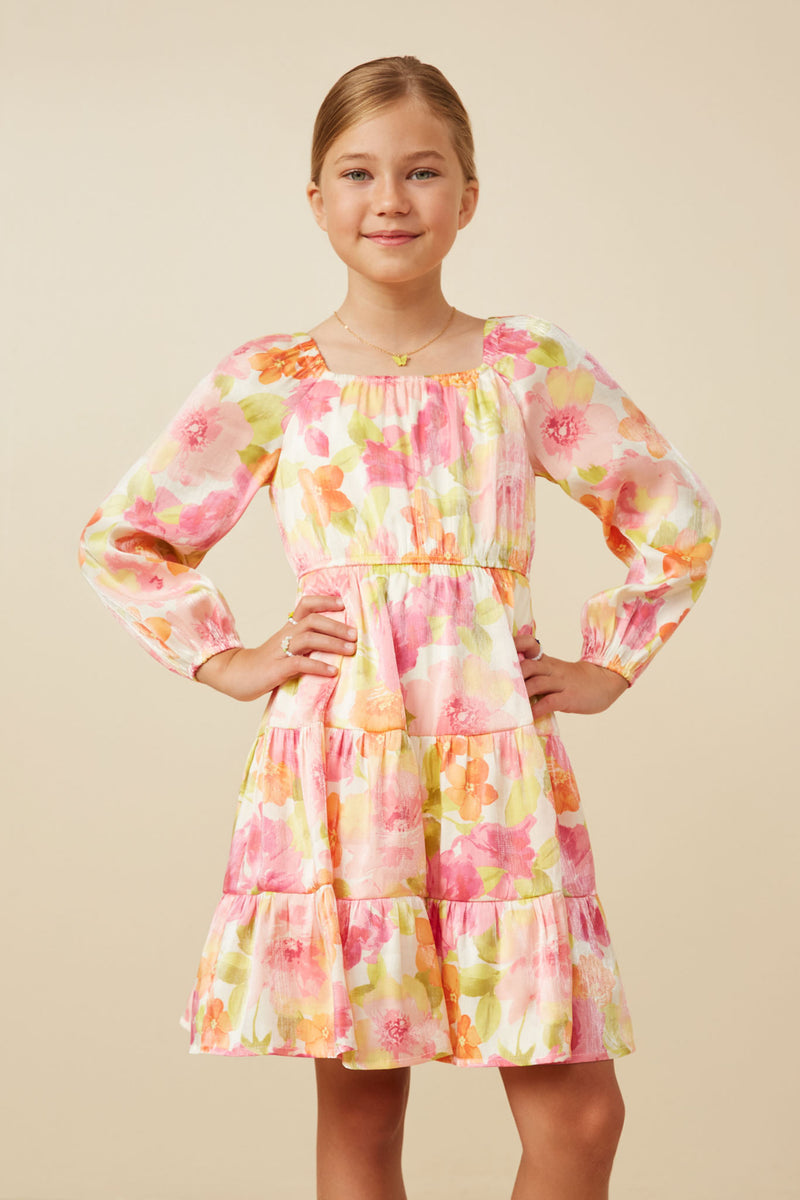 GY7674 Pink Mix Girls Lurex Floral Square Neck Peasant Sleeve Dress Front