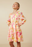 GY7674 Pink Mix Girls Lurex Floral Square Neck Peasant Sleeve Dress Pose