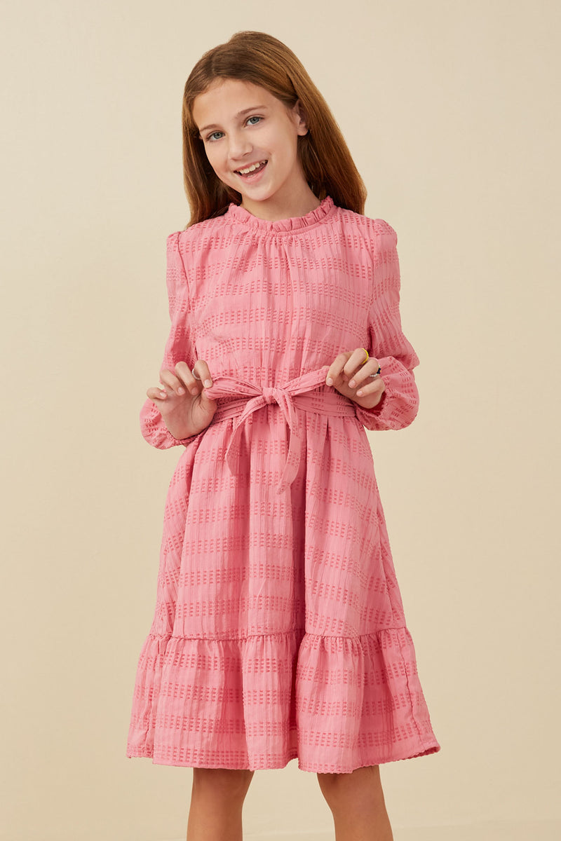 Girls Textured Long Sleeve Belted Knit Dress Front