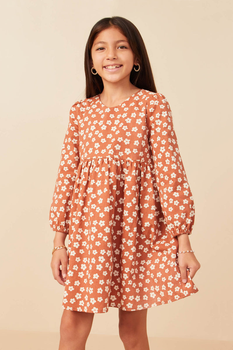 GY7800 Rust Girls Ditsy Floral V Neck Long Sleeve Dress Front