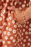 GY7800 Rust Girls Ditsy Floral V Neck Long Sleeve Dress Detail
