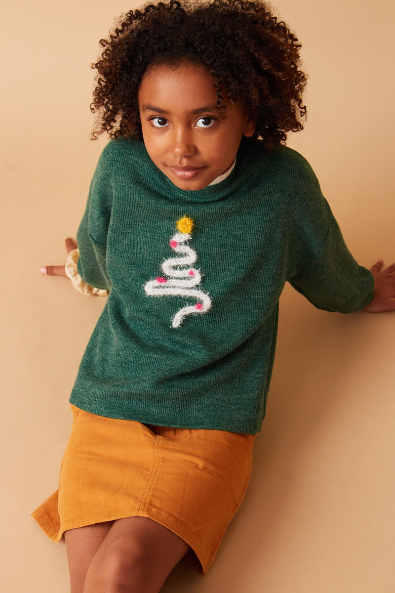 Girls Handknit Pop Up Christmas Tree Marled Ribbed Knit Top Pose