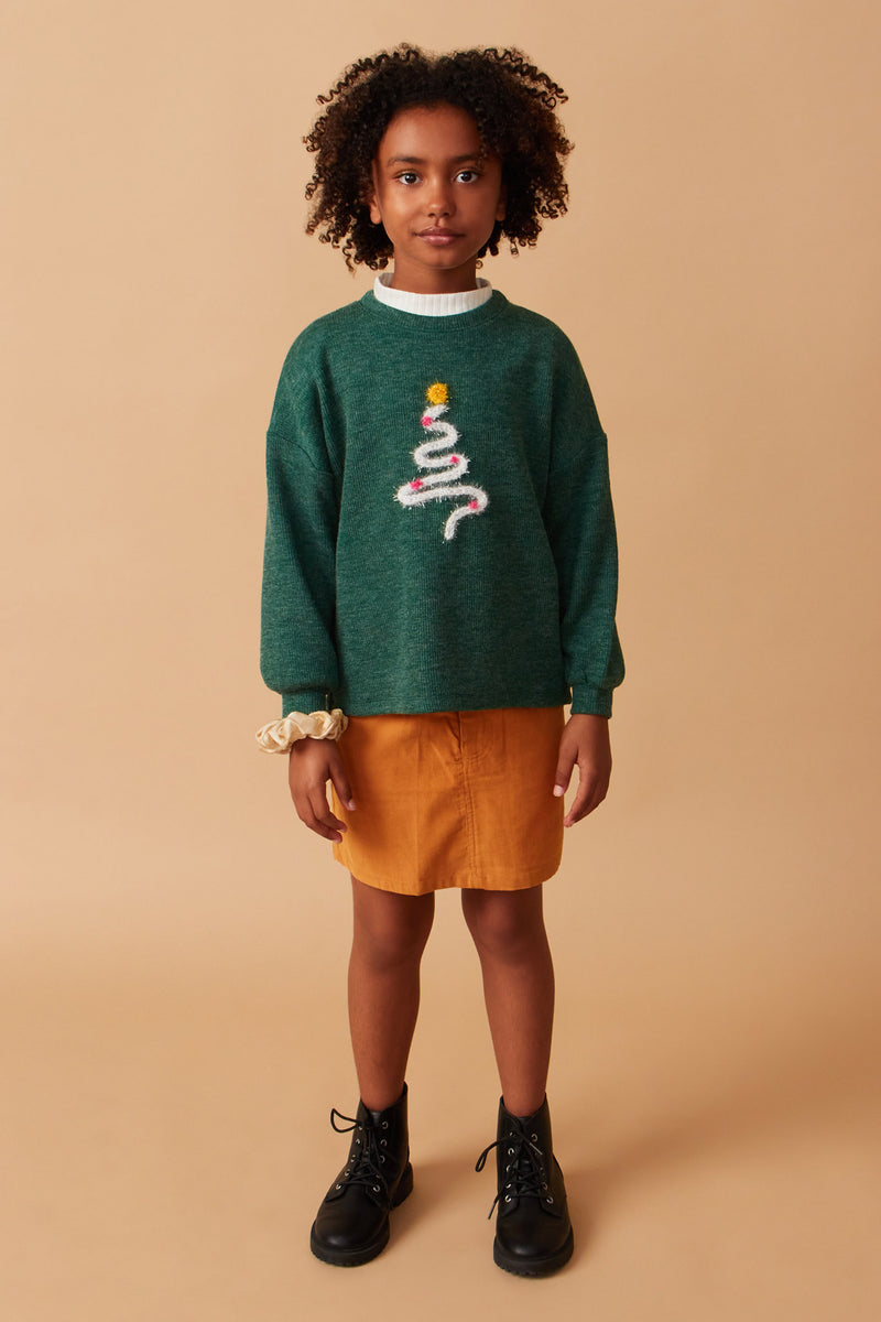 Girls Handknit Pop Up Christmas Tree Marled Ribbed Knit Top Full Body