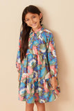 Girls Abstract Floral Button Down Collared Long Sleeve Dress Pose