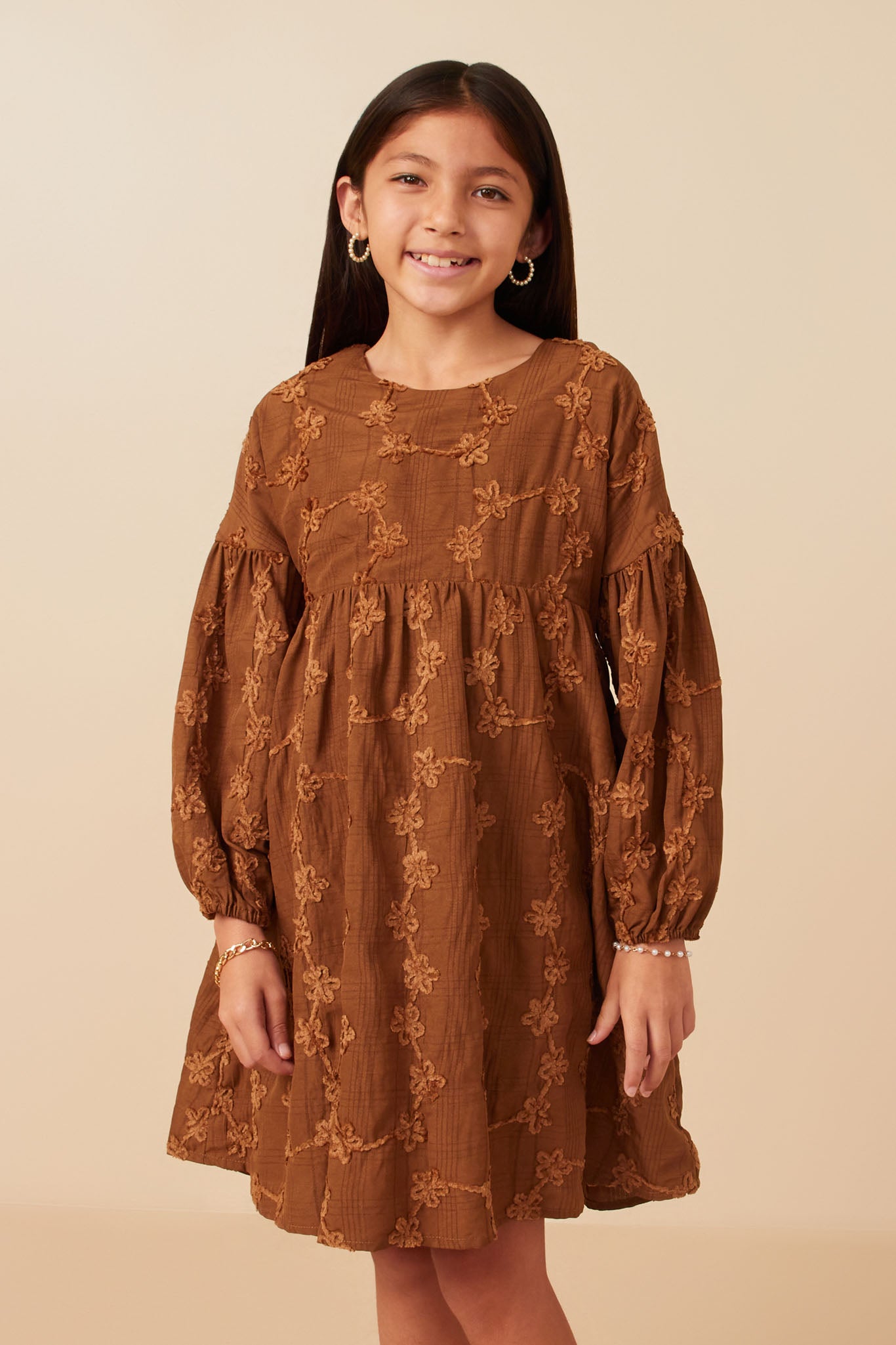 girls light brown dress Girls Floral Detailed Long Sleeve Dress