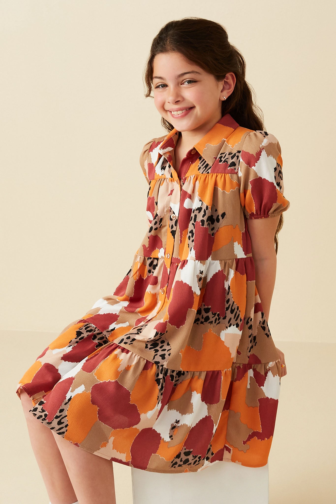 Girls Abstract Leopard Print Button Up Shirt Dress | Cute Girls' Clothes Brown Mix / S Brown Mix Girl's Dresses Mini Dresses Hayden Girls