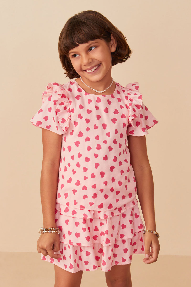 Girls Heart Print Ruffle Shoulder Short Sleeve Top Front
