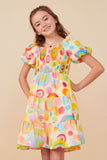 GY8045 Red Mix Girls Abstract Print Smocked Satin Dress Front