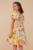 GY8045 Red Mix Girls Abstract Print Smocked Satin Dress Back