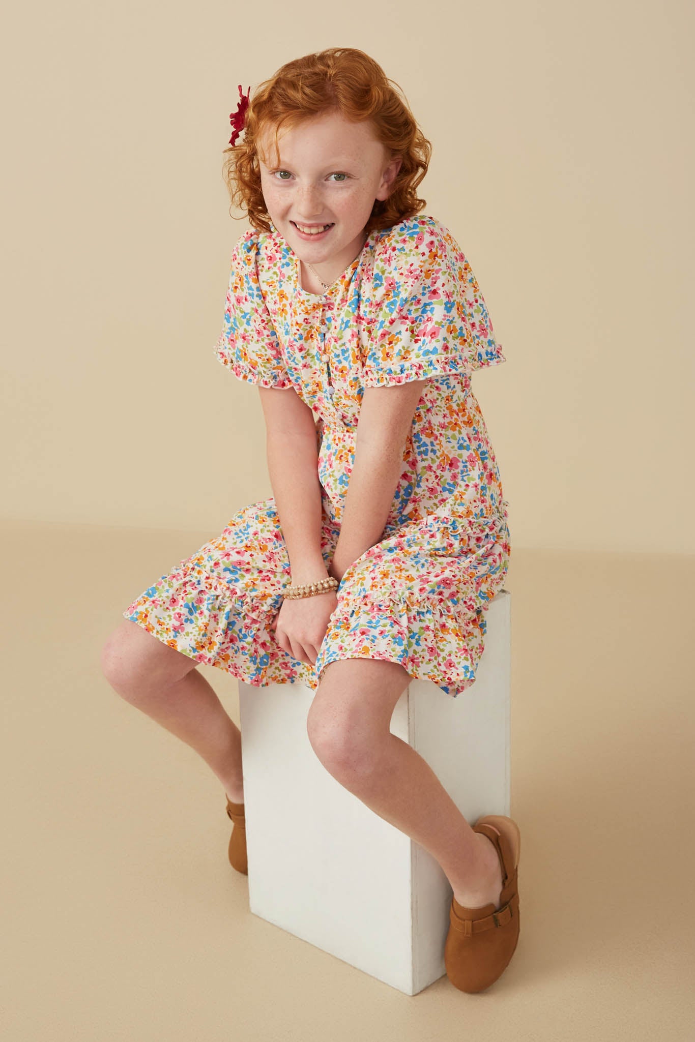 Girls Ruffle Tiered Button Ditsy Dress