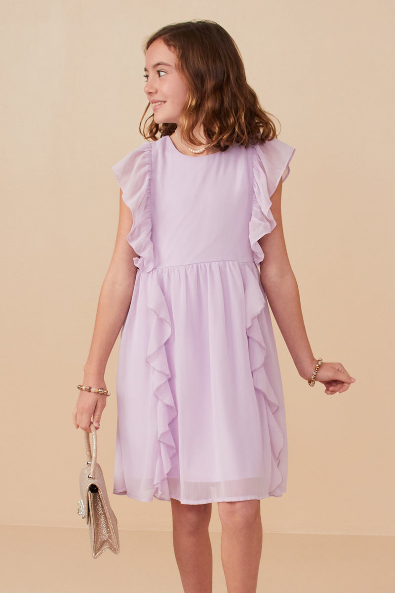 GY8154 Lavender Girls Chiffon Waterfall Ruffled Dress Front