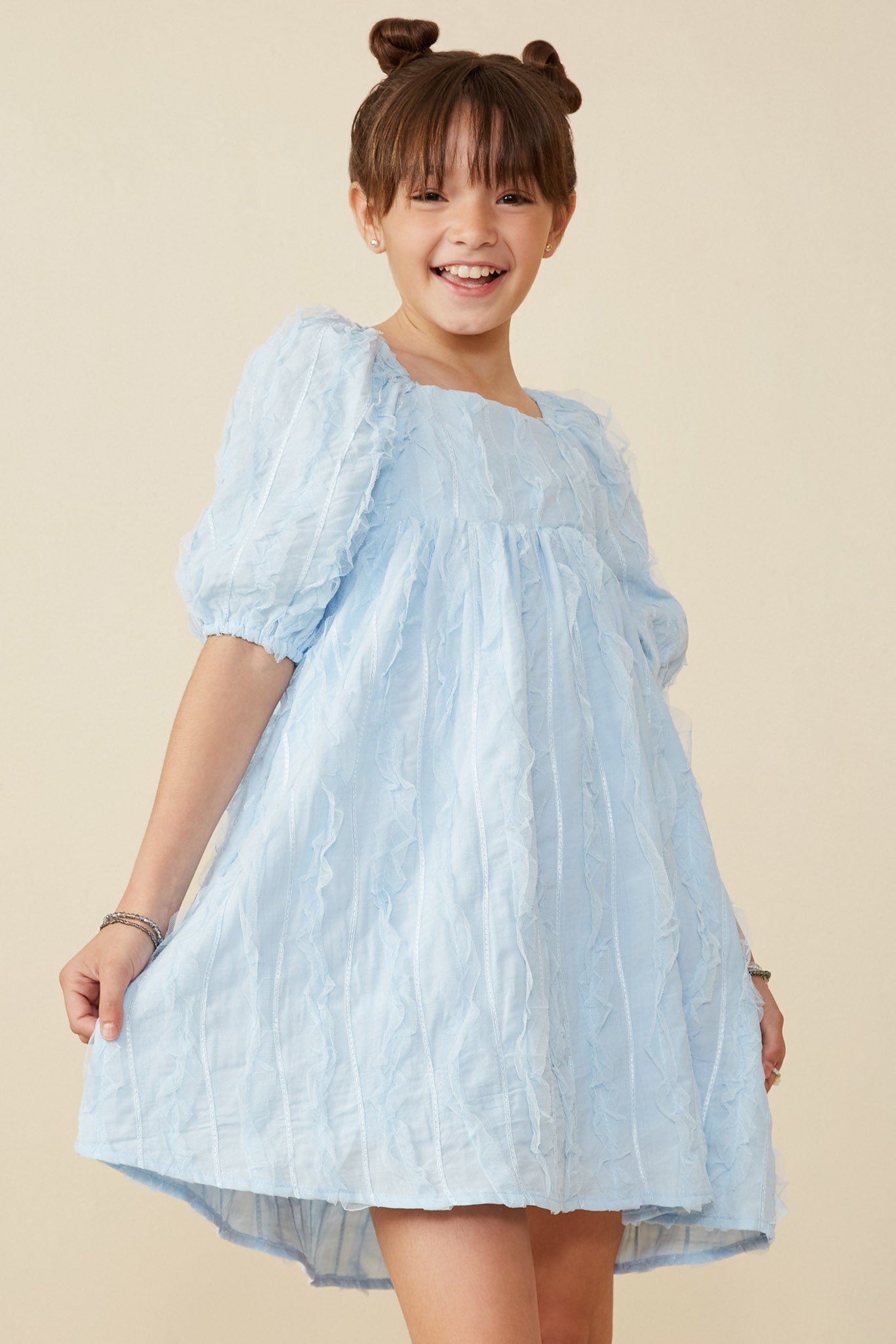 Girls Ruffled Mesh Square Neck Dress