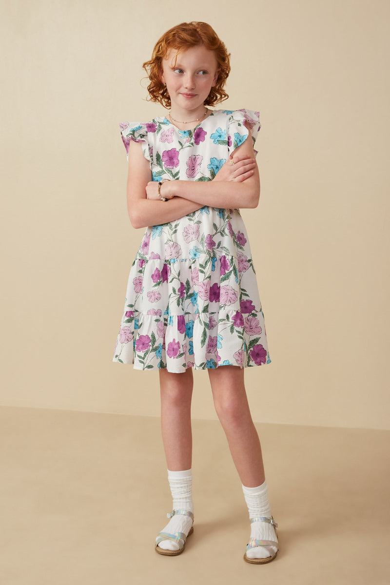 GY8191 Lavender Girls Floral Print Ruffle Sleeve Textured Dress Pose