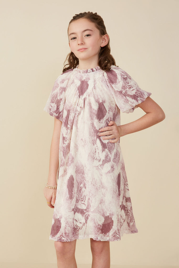 GY8309 Mauve Girls Soft Sheer Floral Textured Puff Sleeve Dress Front