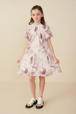 GY8309 Mauve Girls Soft Sheer Floral Textured Puff Sleeve Dress Pose