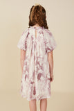 GY8309 Mauve Girls Soft Sheer Floral Textured Puff Sleeve Dress Back