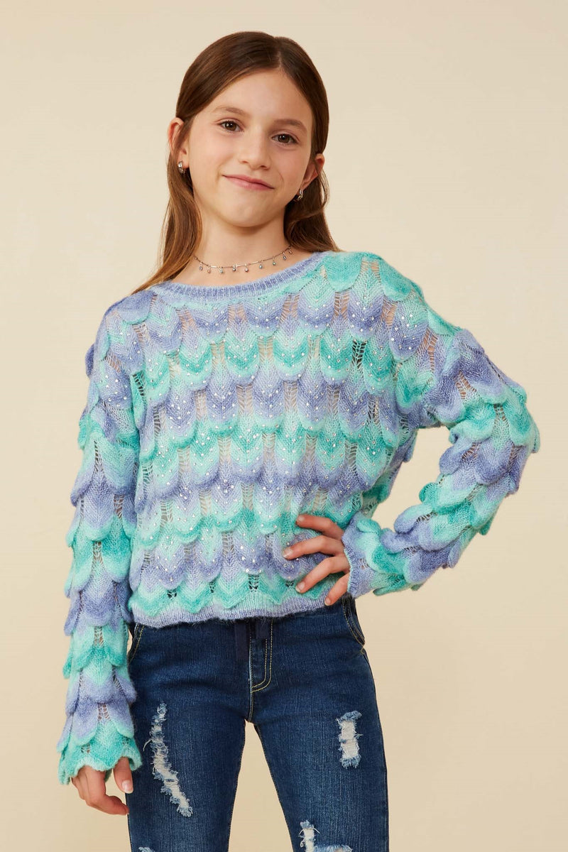 GY8341 Lavender Mix Girls Jewel Detailed Scale Knit Pullover Sweater Front
