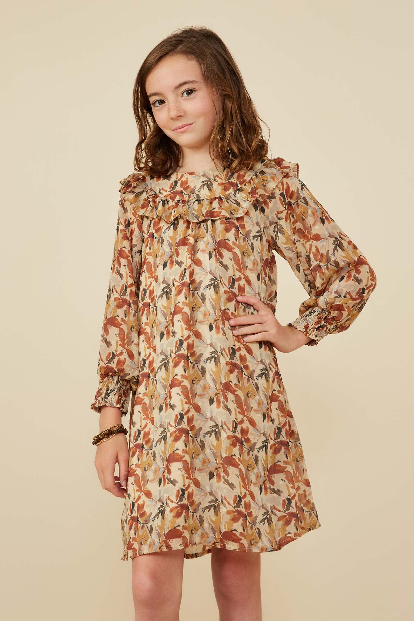 Girls Detail Foliage Print Dress