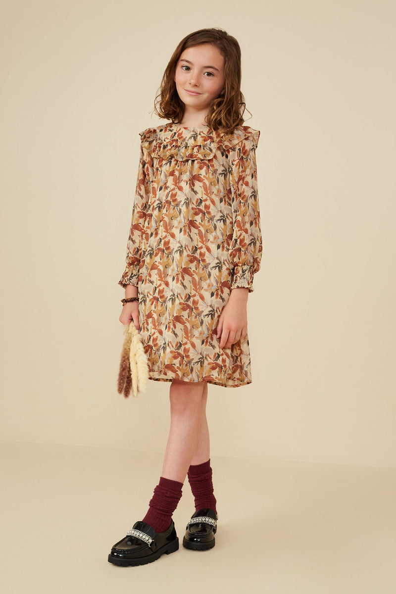 GY8443 Taupe Girls Ruffle Detail Foliage Print Dress Pose
