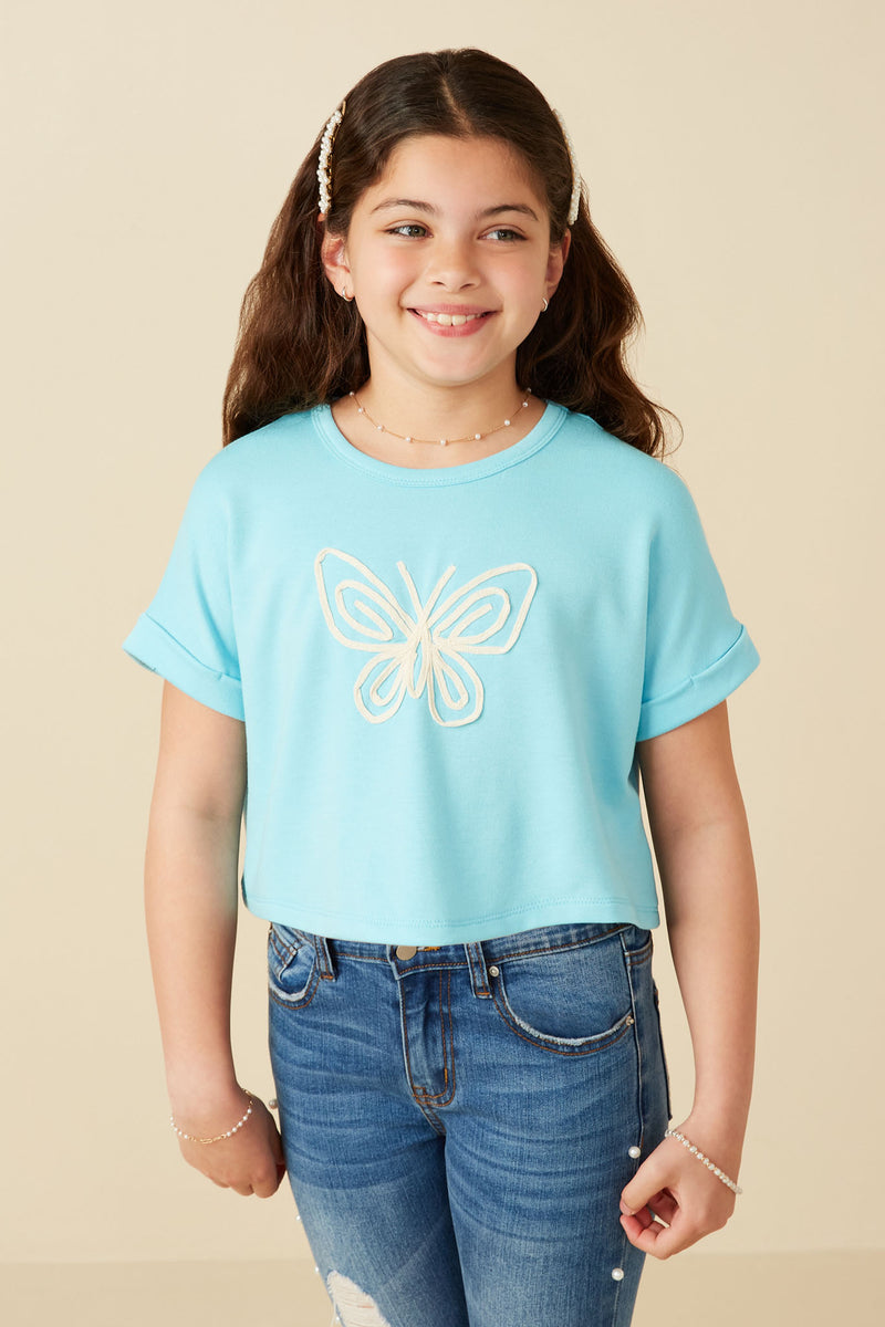 GY8533 Blue Girls Butterfly Embroidered French Terry Knit Top Front