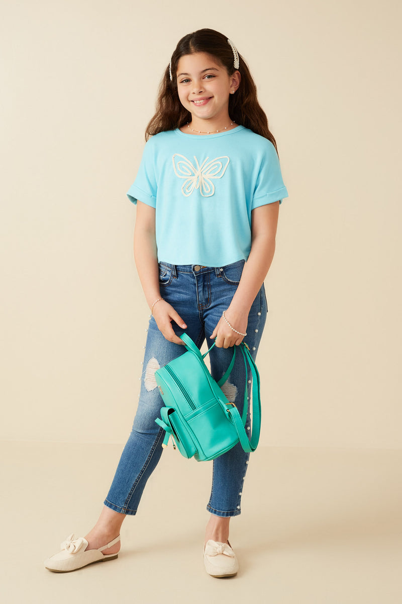 GY8533 Blue Girls Butterfly Embroidered French Terry Knit Top Full Body