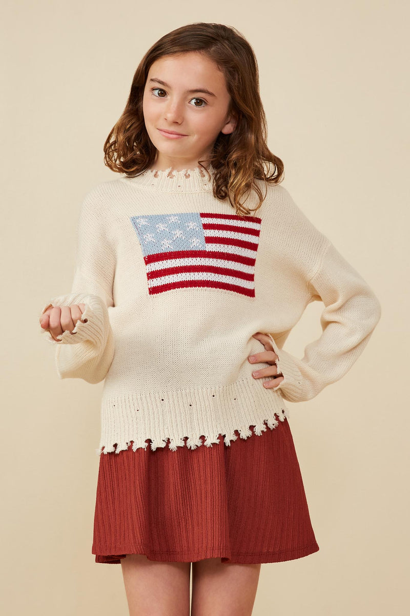 GY8614 Cream Girls Distressed Old Glory Graphic Sweater Front