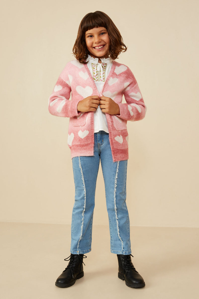 GY8644 Pink Girls Heart Knit Patch Pocket Sweater Cardigan Pose