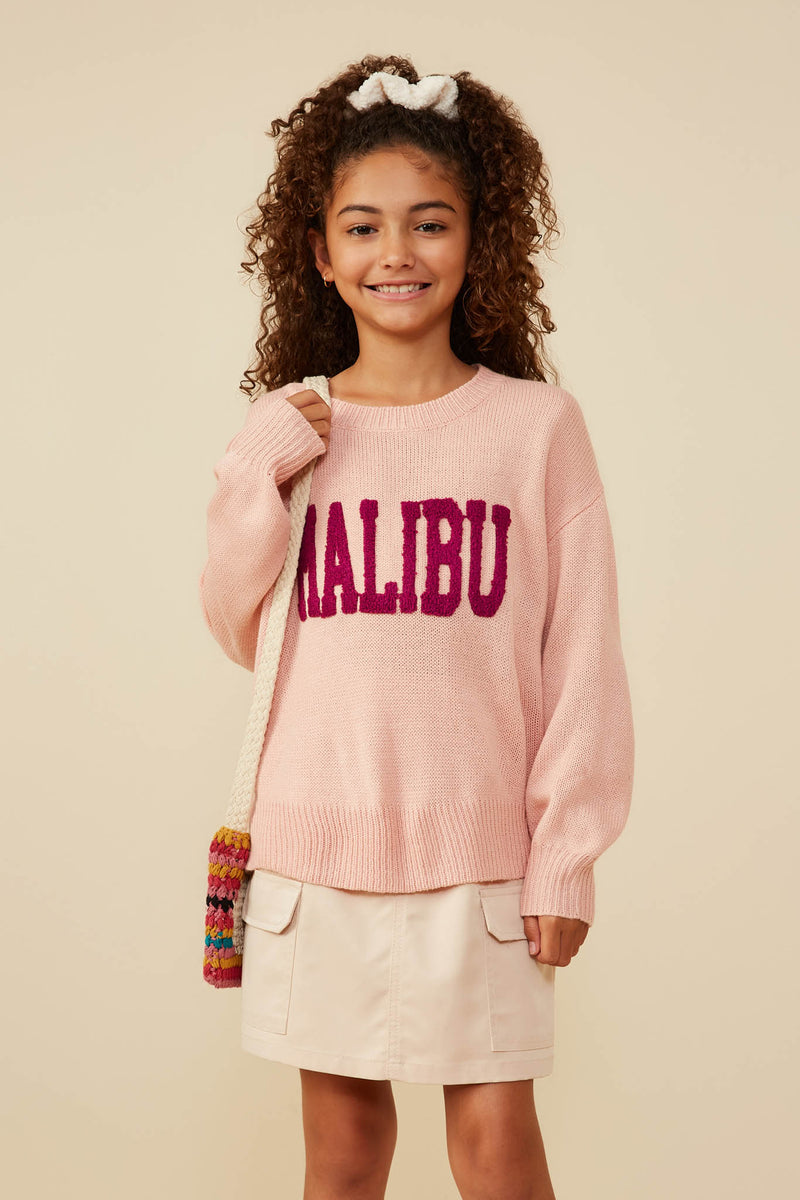 GY8648 Pink Girls Malibu Applique Pullover Sweater Front