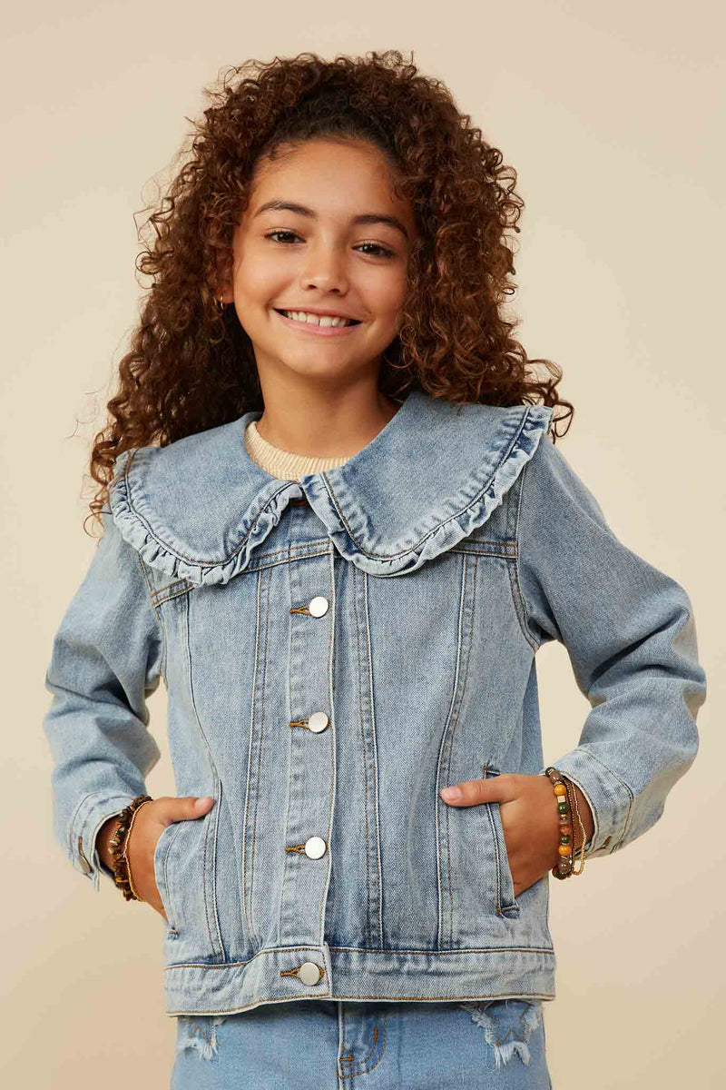 GY8759 Light Denim Girls Exaggerated Ruffle Collar Denim Jacket Front