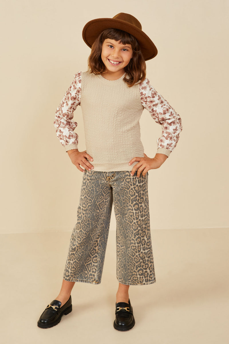 GY8765 Taupe Girls Mix Media Textured Floral Sleeve Top Pose