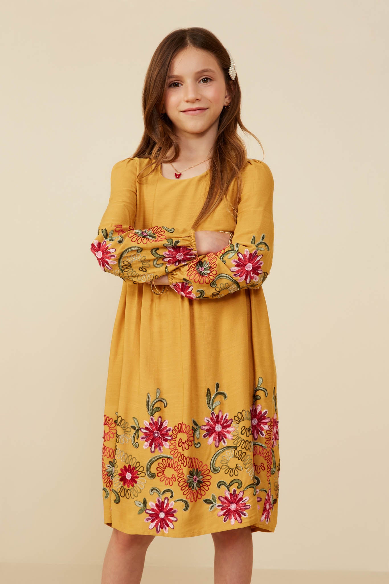 Girls Detail Embroidered Dresses | Cute Girls' Clothes Mustard / M Mustard *Girl's Dresses Midi Dresses Hayden Girls Girls Detail Embroidered Dresses | Cute Girls' Clothes Mustard / M Mustard *Girl's Dresses Midi Dresses Hayden Girls