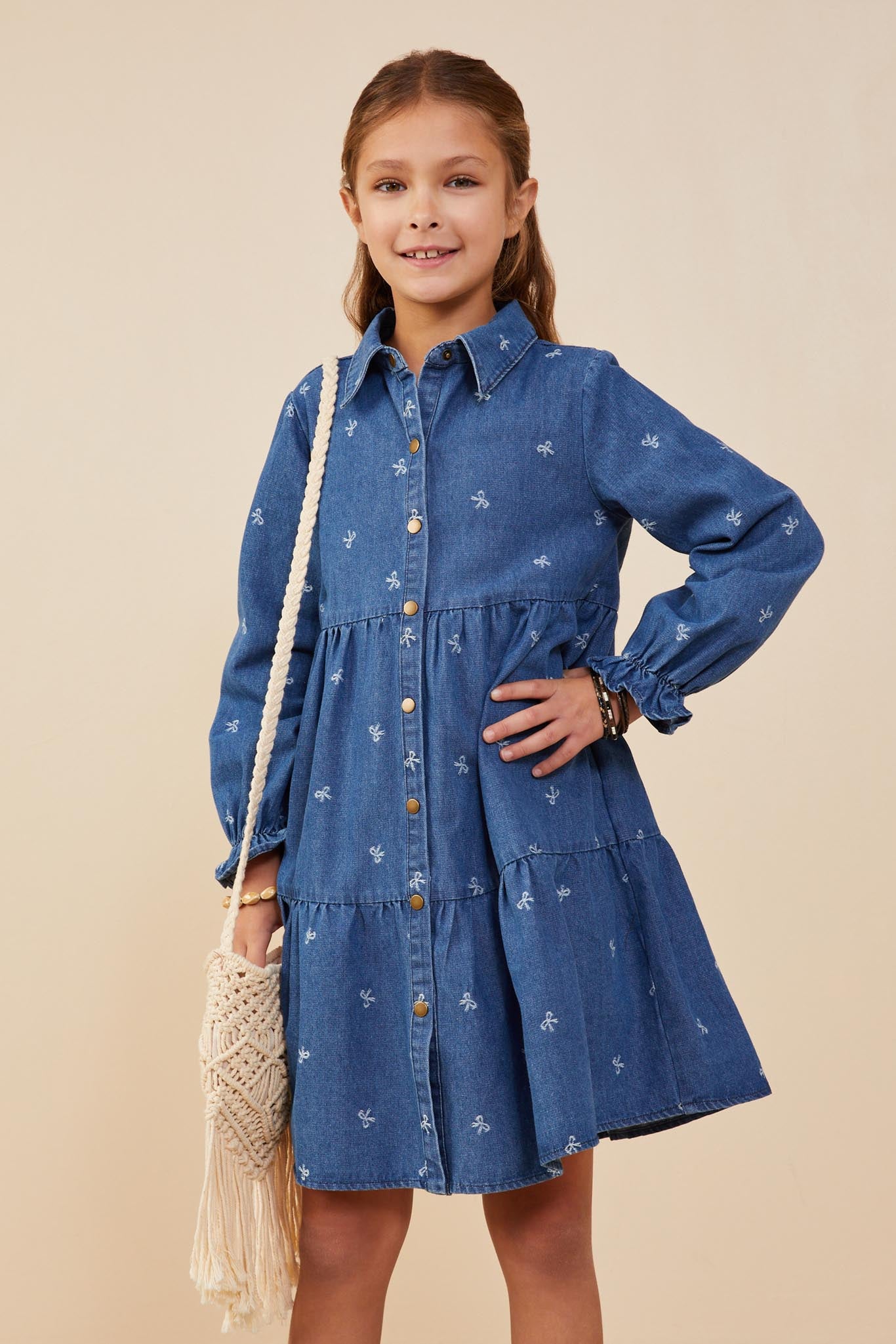 Girls Bow Printed Denim Dress | Cute Girls' Clothes Mid Denim / S Mid Denim *Girl's Dresses Midi Dresses Hayden Girls Girls Bow Printed Denim Dress | Cute Girls' Clothes Mid Denim / S Mid Denim *Girl's Dresses Midi Dresses Hayden Girls