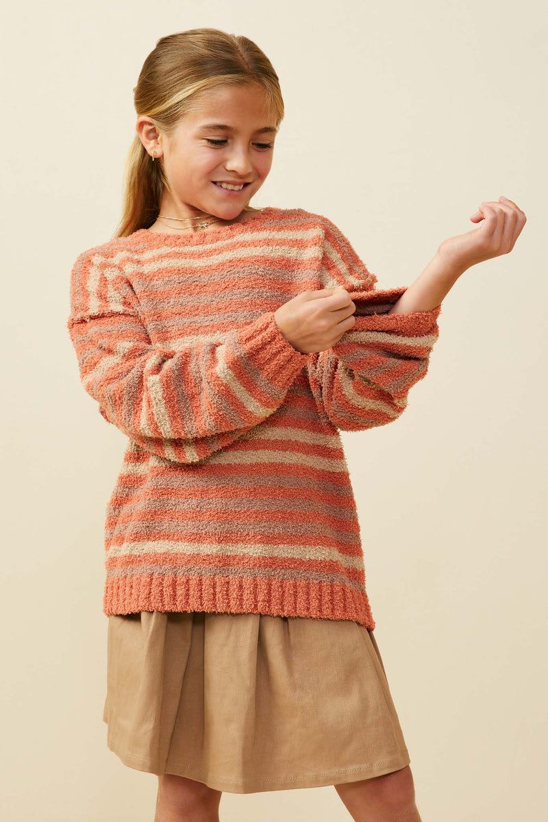 GY8993 Rust Mix Girls Ultra Soft Multicolor Stripe Pullover Sweater Front