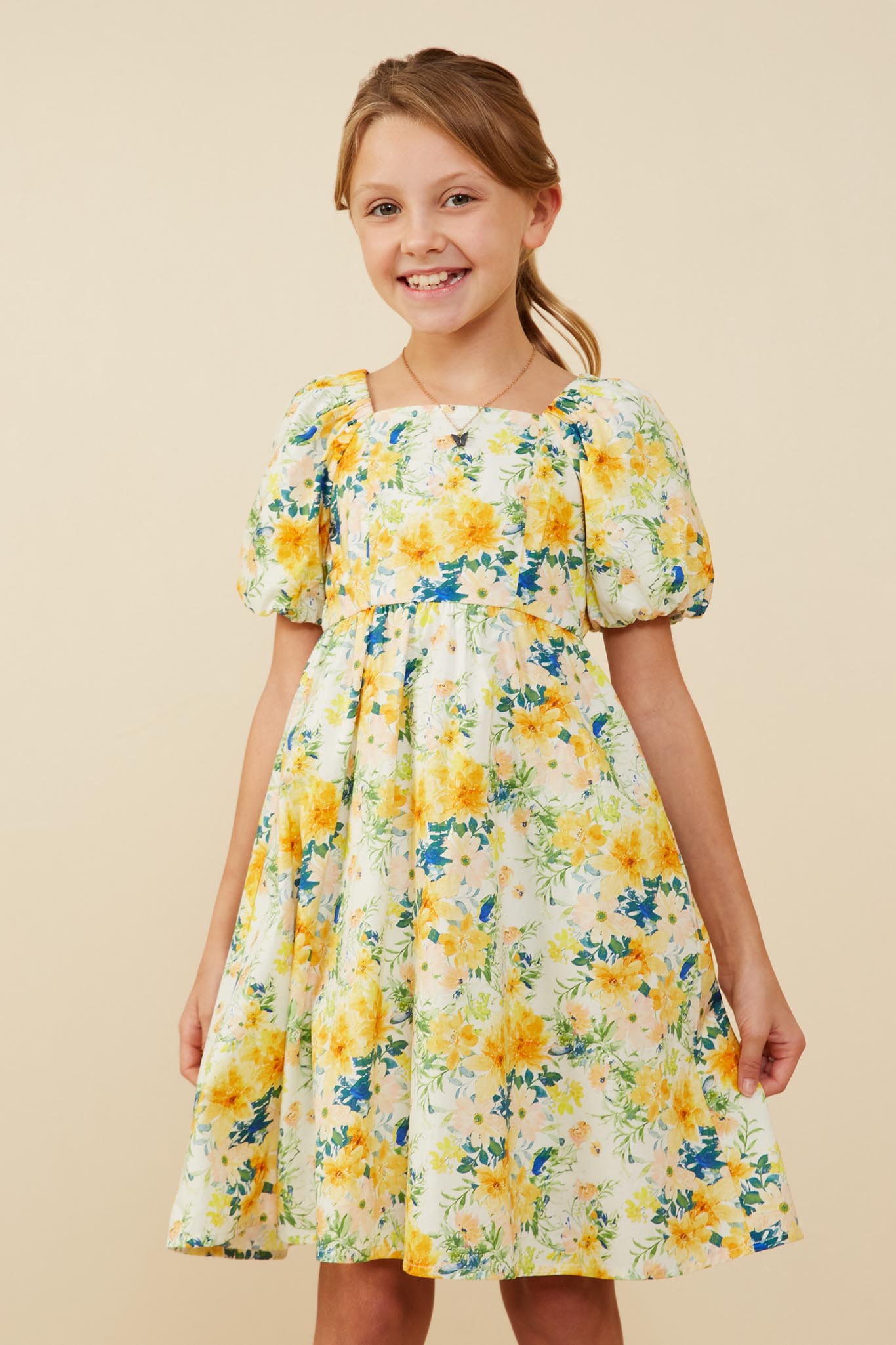 girls yellow dress Girls Floral Garden Puff Sleeve Dress