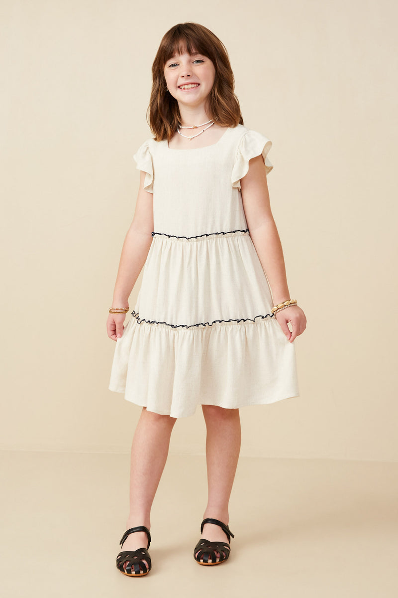 GY9029 Oatmeal Girls Contrast Stitched Square Neck Ruffle Dress Pose